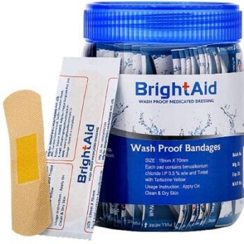BRIGHT AID WATERPROOF BAND AID FOR ADULTS & CHILDREN- 100strips/jar. Flexible and Highly Breathable PE Film With Medicated Pad Provides Superior Wound Care