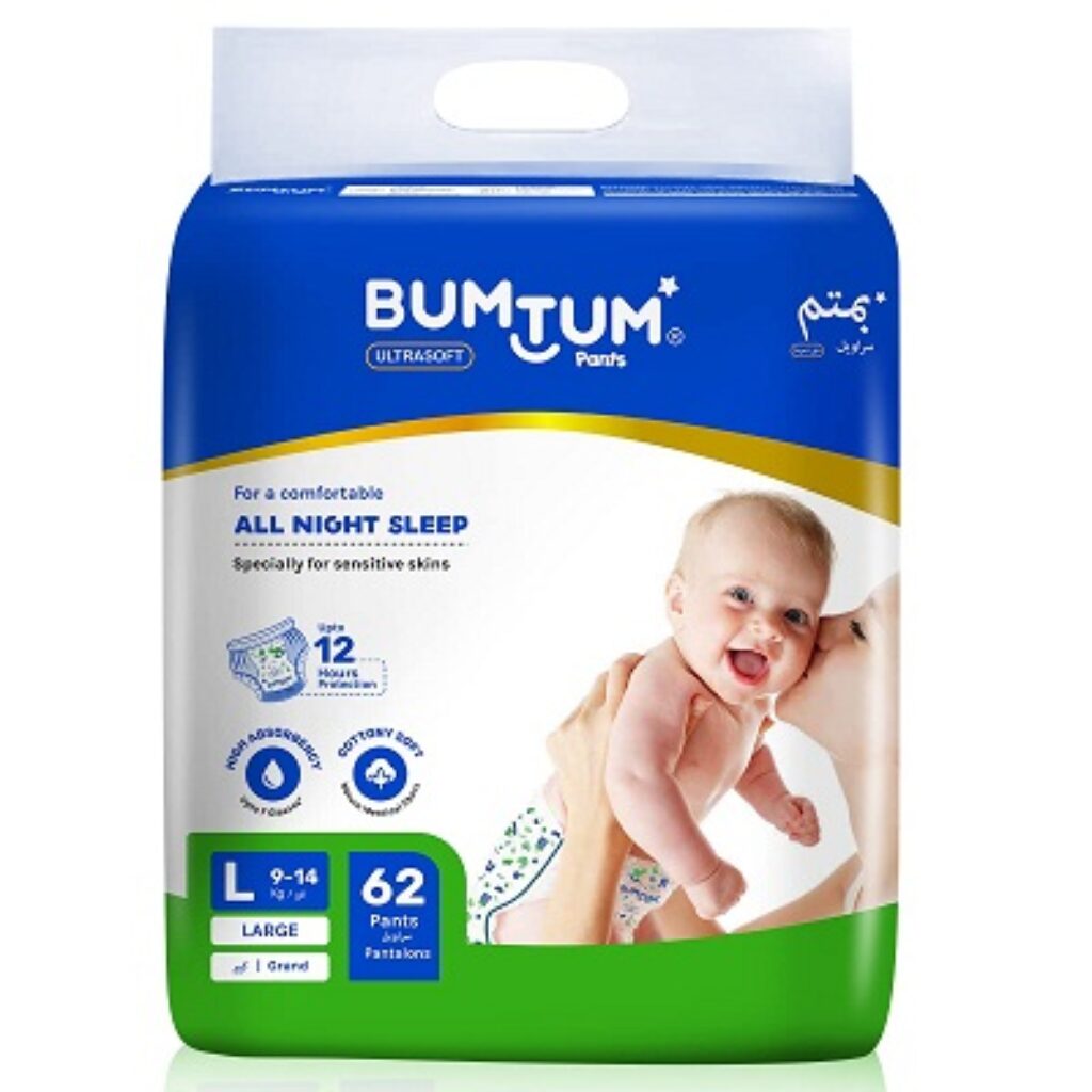 Bumtum Baby Diaper Pants, Large Size, 62 Count, Double Layer Leakage Protection Infused