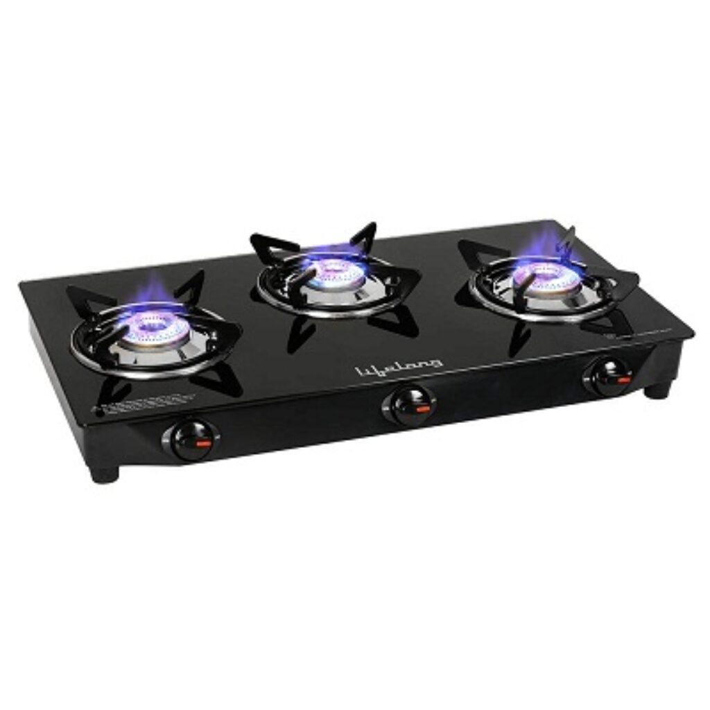 Lifelong LLGS18 Glass Top 3 Burner Gas Stove, Manual Ignition