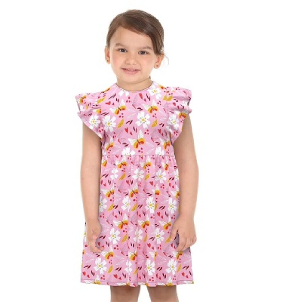 Donuts Cotton Girls Light Pink Floral Print Knit Dress Knee-Length Dresses