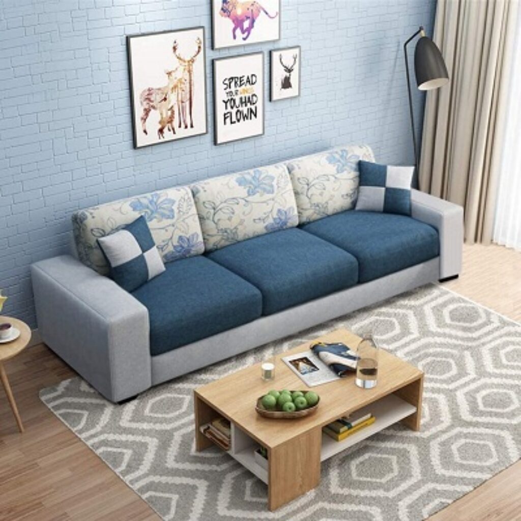 FURNY Orlando 3 Seater Fabric Sofa Set (Blue-Light Grey)