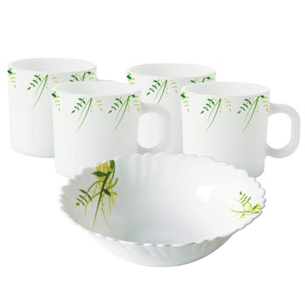 Larah by BOROSIL Hub Opalware Snacks Set (White, Green) - 5-Pieces