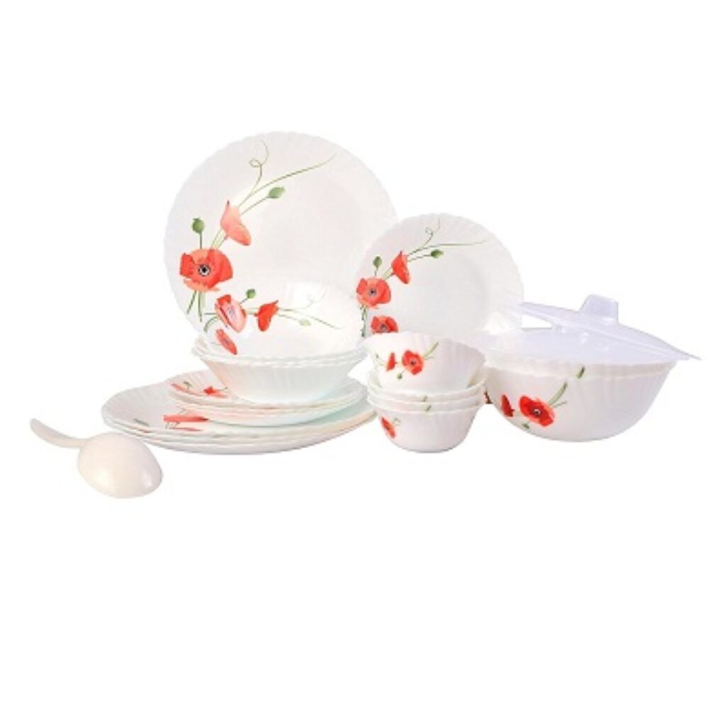 Larah by BOROSIL Red Carnation Opalware Glass Dinner Set