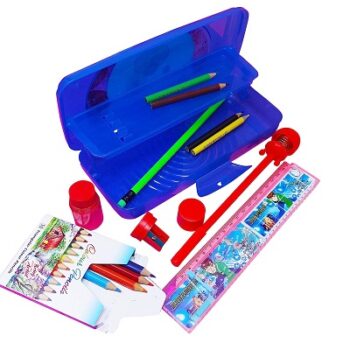 PARTEET Push Lock Plastic Pencil Box with Stationery Items 1 Pen, 1 Pencil, 1 Scale, 10 Pencil Colour, and 2in1 Eraser Sharpener for School Kids- Pencil Box...