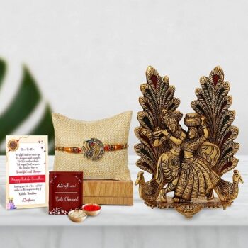 eCraftIndia Beautiful Peacock Rakhi with Golden Radha Krishna Idol with Peacock