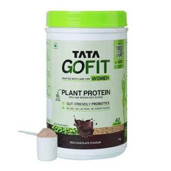 Tata GoFit Plant Protein Powder for Women | Gut-Friendly Probiotics | Rich Chocolate Flavour, 1 kg (40 Serves)