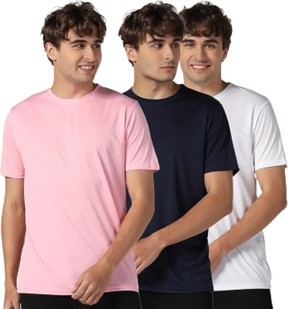 INKKR Men's Solid Round Neck Polyester Multicolor T-Shirt