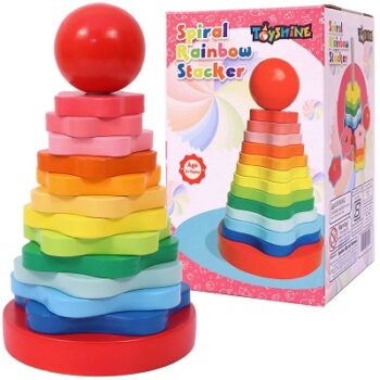 Toyshine Wooden Rainbow Stacking Blocks Rings with Stacker