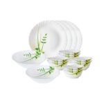 Borosil (Larah By Borosil) Green Herbs Opalware Dinner Set, 14-Pieces, White