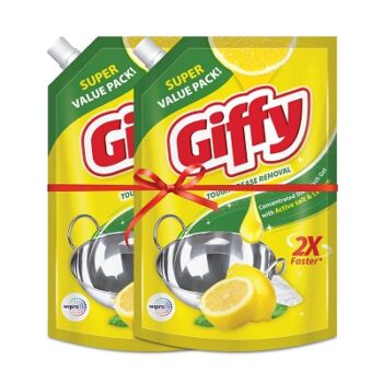 Giffy Lemon & Active Salt Dishwash Liquid Gel 900ml (Pack of 2) Refill Pack