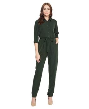 Uptownie Lite Women's Crepe Army Green Roll Up Jumpsuit(Size S)