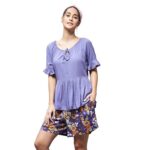 Miss Chase Women's Lavender Round Neck Short Sleeve Floral Front Placket Short Top & Shorts Sets