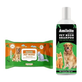 Amorite® Anti Tick & Flea Dog Shampoo with Neem & Tulsi (Shampoo + Wipes)