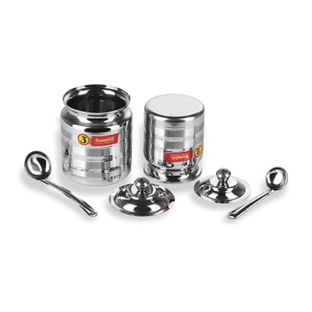 Sumeet Stainless Steel Pot Set for ghee, oil with lid and spoon to scoop