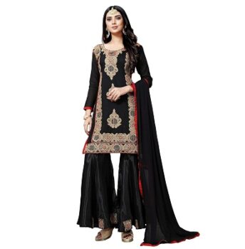 EthnicJunction Women's Black Chanderi Cotton Embroiered Unstitched Sharara Suit