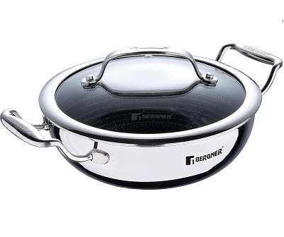 Bergner Hitech Triply Stainless Steel Kadai/Indian Wok with Steel and