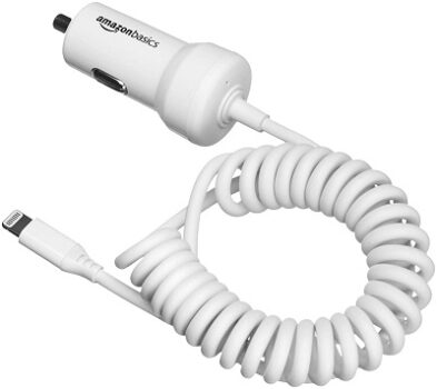 AmazonBasics Coiled Cable Lightning Car Charger, 1.5 Foot, White