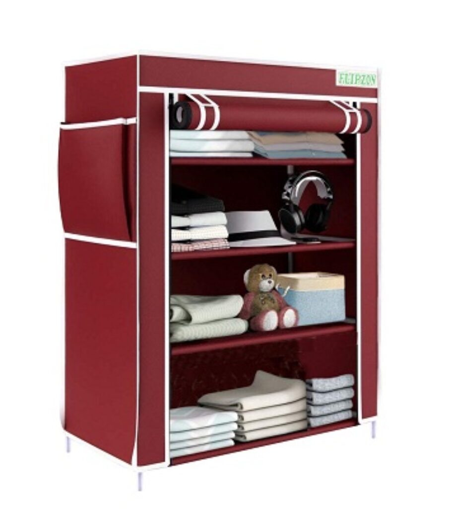 FLIPZON Multipurpose 4 Shelve Wardrobe, (Iron and Non-Woven Fabric), Maroon