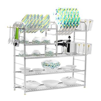 Home Creations 5 Layer 30X30 inch Wall Mount Modern Kitchen Utensils Storage Dish Rack Stainless Steel with Plate & Cutlery Stand
