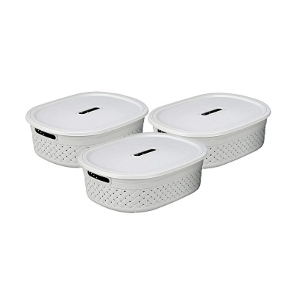 KOLORR Stitch Plastic Storage Basket Large with Lid - Daiso Grey (Pack of 3)