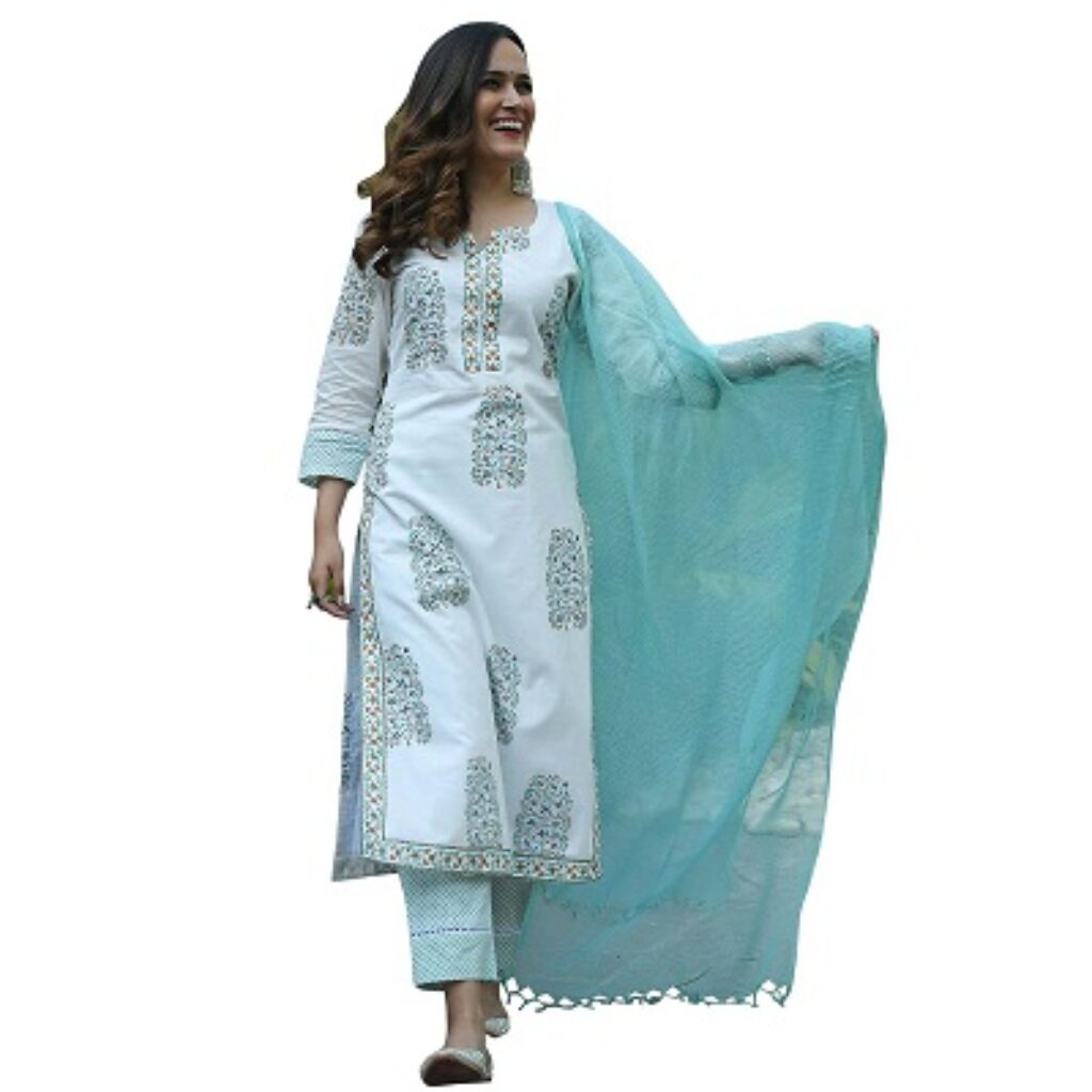 KLOSIA Women Pure Cotton Printed Straight Kurta with Pant & Dupatta Set