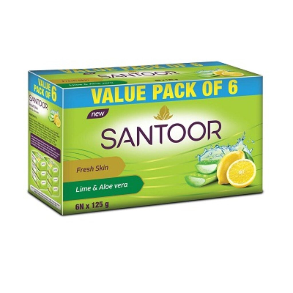 Santoor Aloe Fresh Soap, 125g (Pack of 6) with Aloe Vera and Lime