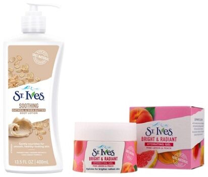St. Ives Soothing Body Lotion (400ml) and Bright & Radiant Hydrating Gel (45g), 100% Natural Extracts, Skin Care Combo
