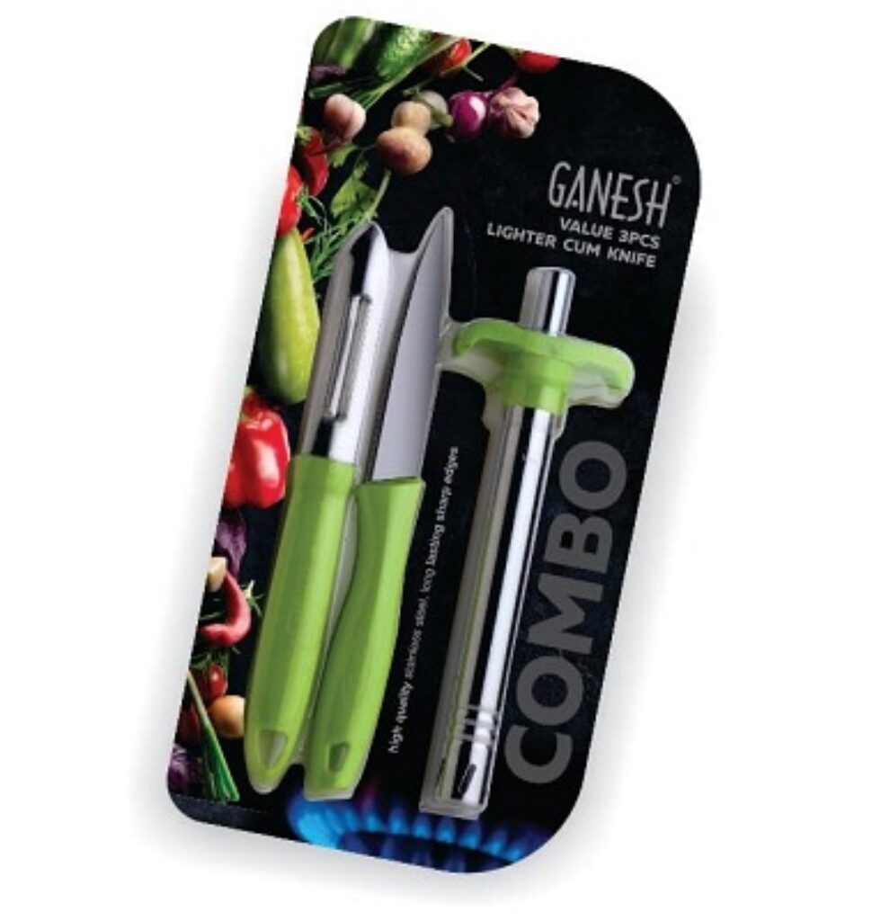 Ganesh Stainless Steel Gas Lighter with Knife & Peeler, 3-Piece, Colour May Vary Colour