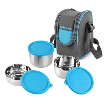 CELLO Steelox Stainless Steel Lunch Box-3 Units Steel, Blue,