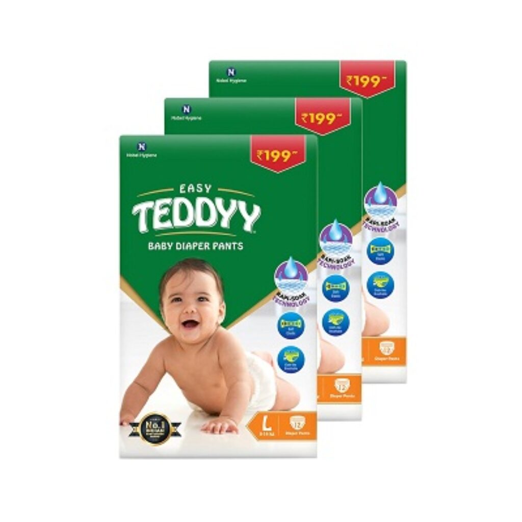 TEDDYY Baby Diapers Pants Easy Large 36 Count (Pack of 3)