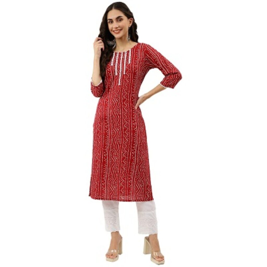 NAINVISH Women's Cotton Blend Lace Work & Mill Printed Straight Round Neck Kurta