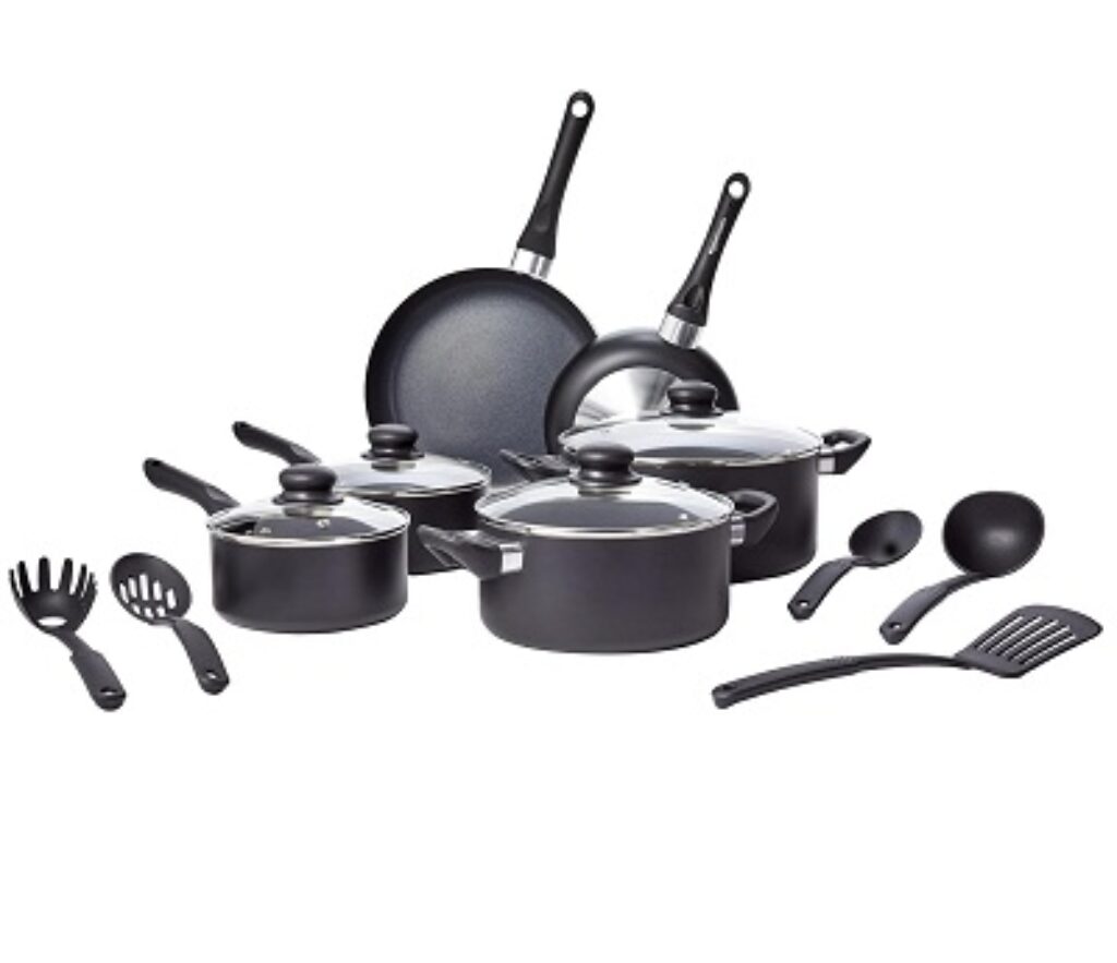 amazon basics Aluminium Non-Stick Black Cookware Set - 15 Piece