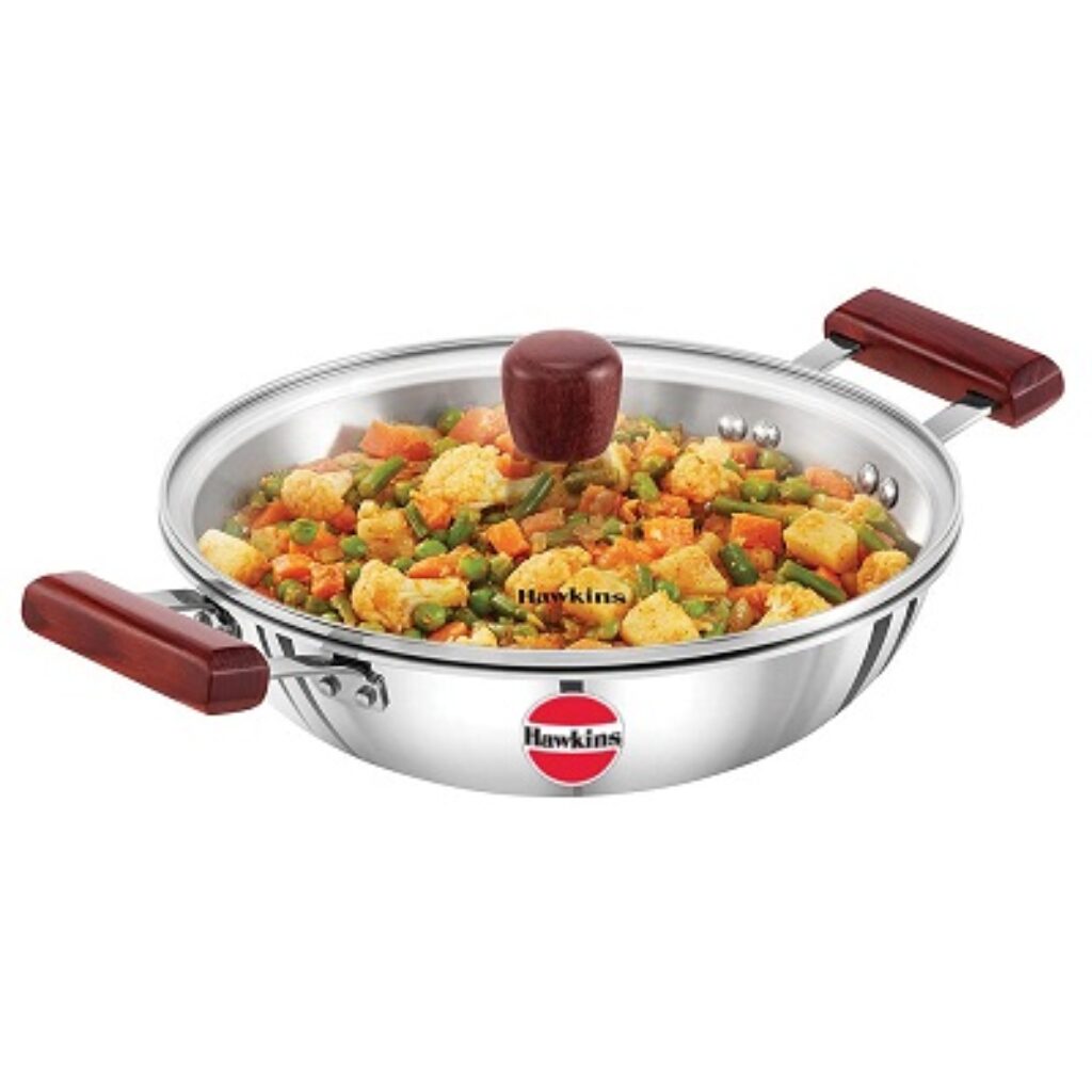 Hawkins 2.5 Litre Deep Fry Pan, Triply Stainless Steel Kadai with Glass Lid