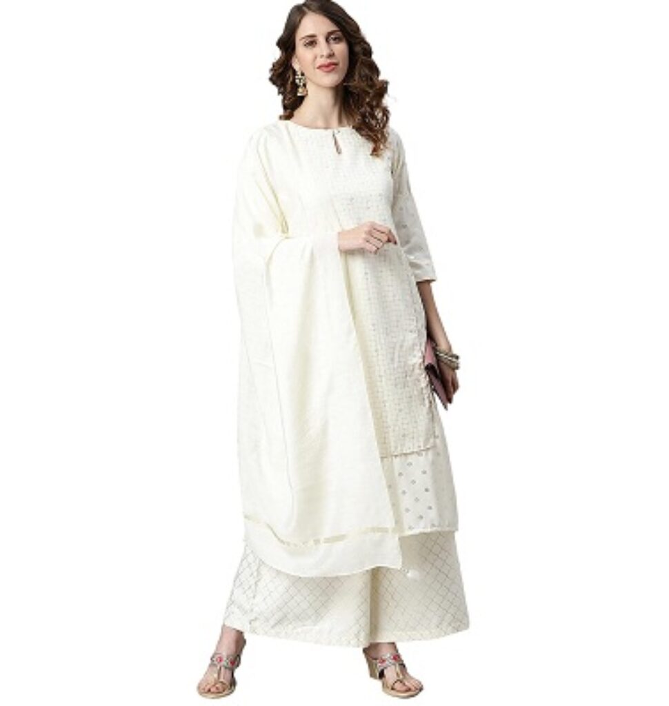 Janasya Women's Off- White and Silver Poly Silk Kurta With Palazzo and Dupatta