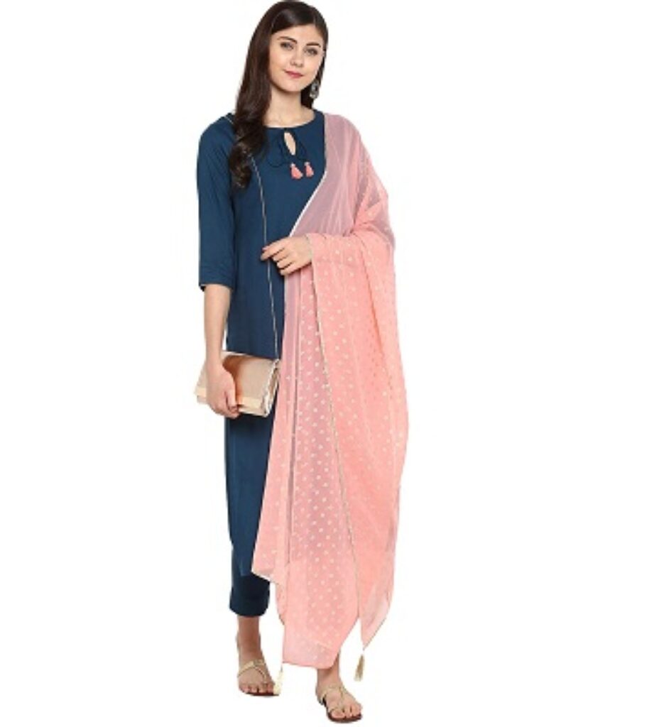 Janasya Women's Turquoise Blue Rayon Kurta with Pant and Dupatta