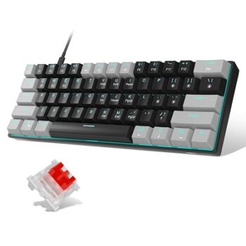 MageGee 60 Percent Mechanical Gaming Keyboard, Gray&Black Mixed Color Keycaps Gaming Keyboard with Red Switches, Detachable Type-C Cable Mini Keyboard with Powder Blue Light for Windows/Mac/PC/Laptop