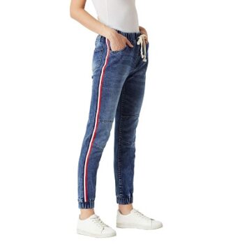 Miss Chase Women's Blue Twill Tape Denim Stretchable Jogger Pants