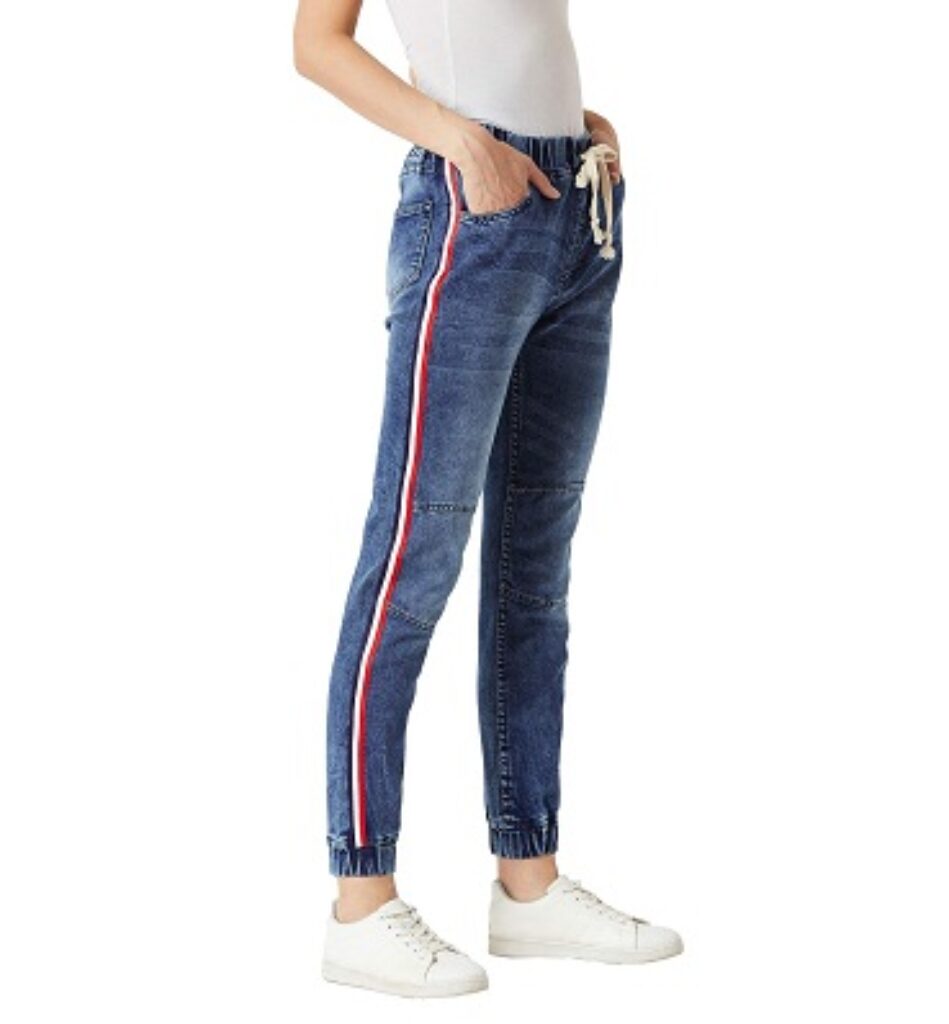 Miss Chase Women's Blue Twill Tape Denim Stretchable Jogger Pants