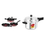 Pigeon Basics Non Stick Aluminium Non Induction Base Cookware Set& Favourite Induction Base Aluminium Pressure Cooker with Outer Lid, 5 Litre