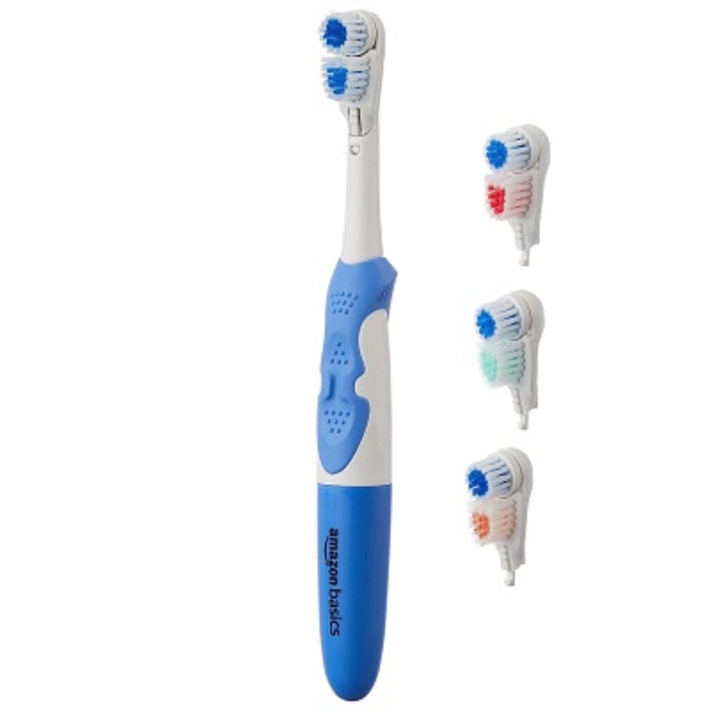 Amazon Basics Electric Automatic Toothbush for Adults- with 3 multicolor replaceable heads - AA Battery Powered