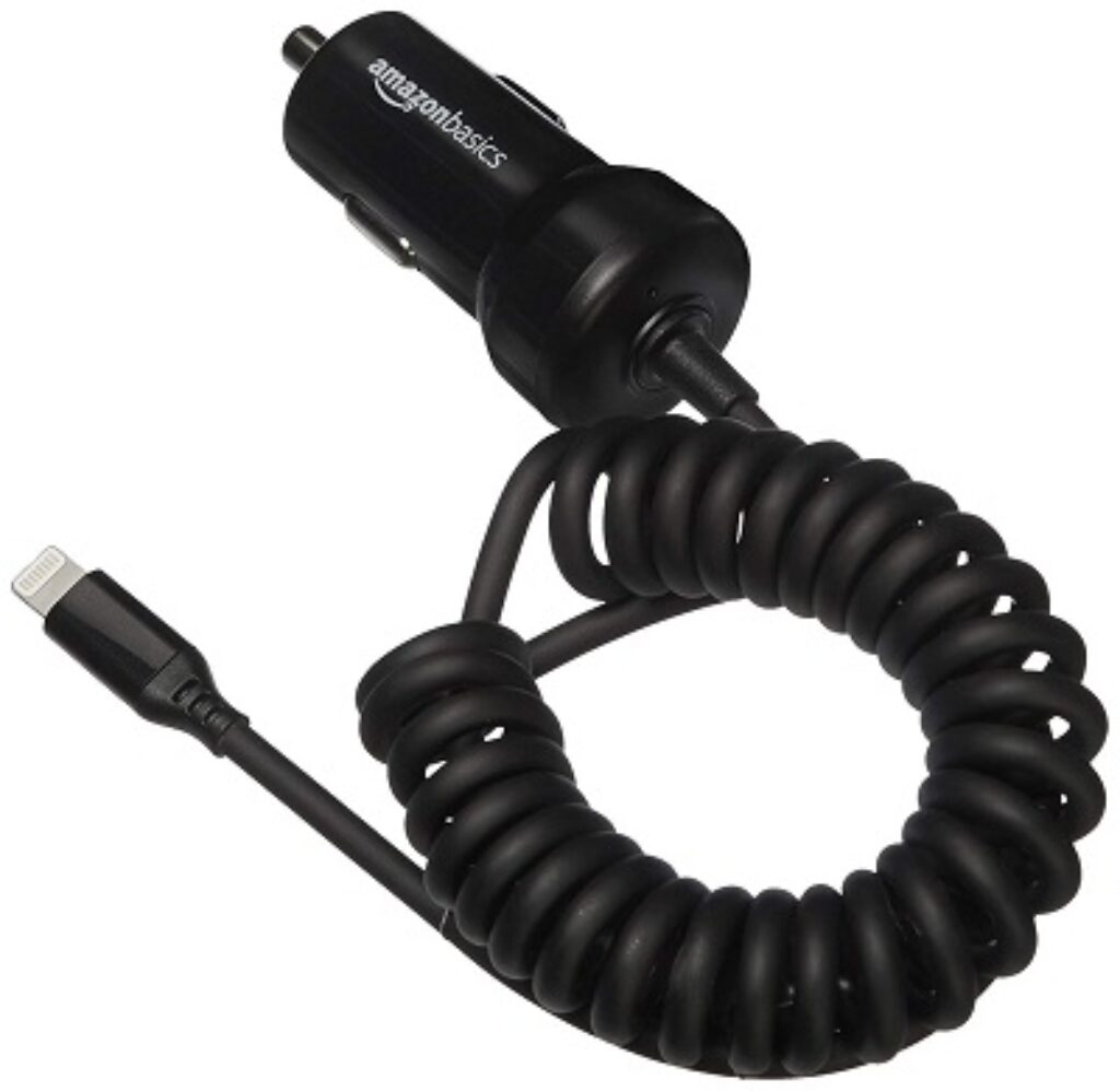 amazon basics Apple Certified High Speed Lightning Car Charger For Apple Devices With Coiled Cable- 5V 12 Watts - 1.5 Foot - Black