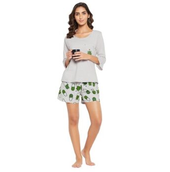 Clovia Women's Cotton Chic Basic Top & Cactus Print Shorts