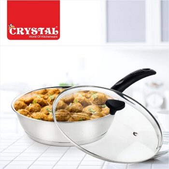 Crystal Stainless Steel Fry Pan with Glass Lid| 225 mm | Induction Base | Sandwich Bottom | Silver