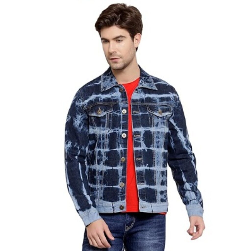 Style Quotient Men Blue Washed Checked Denim Jacket