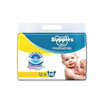 Supples Premium Diapers, New Born/X-Small (NB/XS), 80 Count, 0-5 Kg, 12 hrs Absorption Baby Diaper Pants