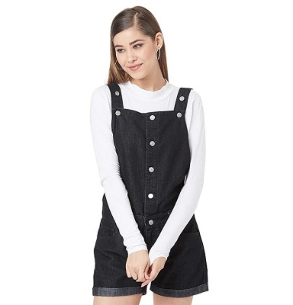 Miss Chase Women's Black Solid Buttoned Short Denim Dungaree