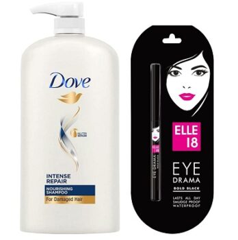 Dove Intense Repair Shampoo, 1L & Elle 18 Eye Drama Kajal, Bold Black, 0.35g
