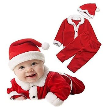 EVOTECH Santa Claus Dress Christmas Santa Costume Dress for Children with Jacket Pant Cap,Pouch for Christmas Party for Boys and Girls