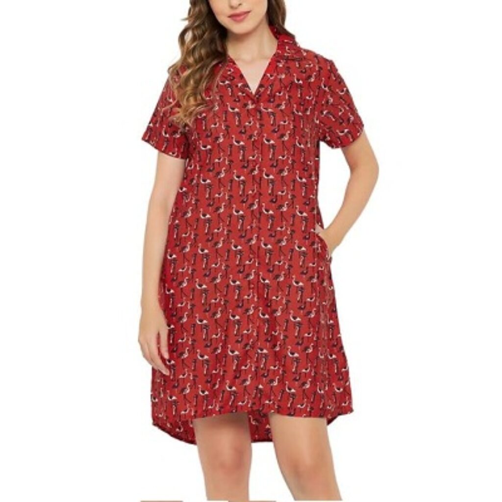 Clovia Women's Crepe Flamingo Print Short Night Dress in Red