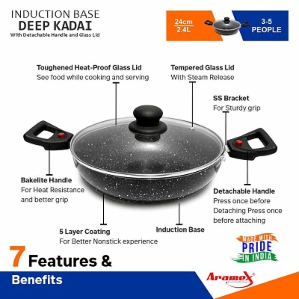 ARAMEX Non Stick Deep Kadai 24cm / Thickness 2.6mm Induction Base